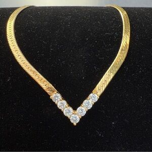 Vintage 1980s Majesty Collection V Shaped Elegant Gold Necklace with CZ Sparkle